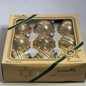 Set Of 9 Vintage Sparkly Gold Pyramid Brand Christmas Ball Ornaments MADE IN USA